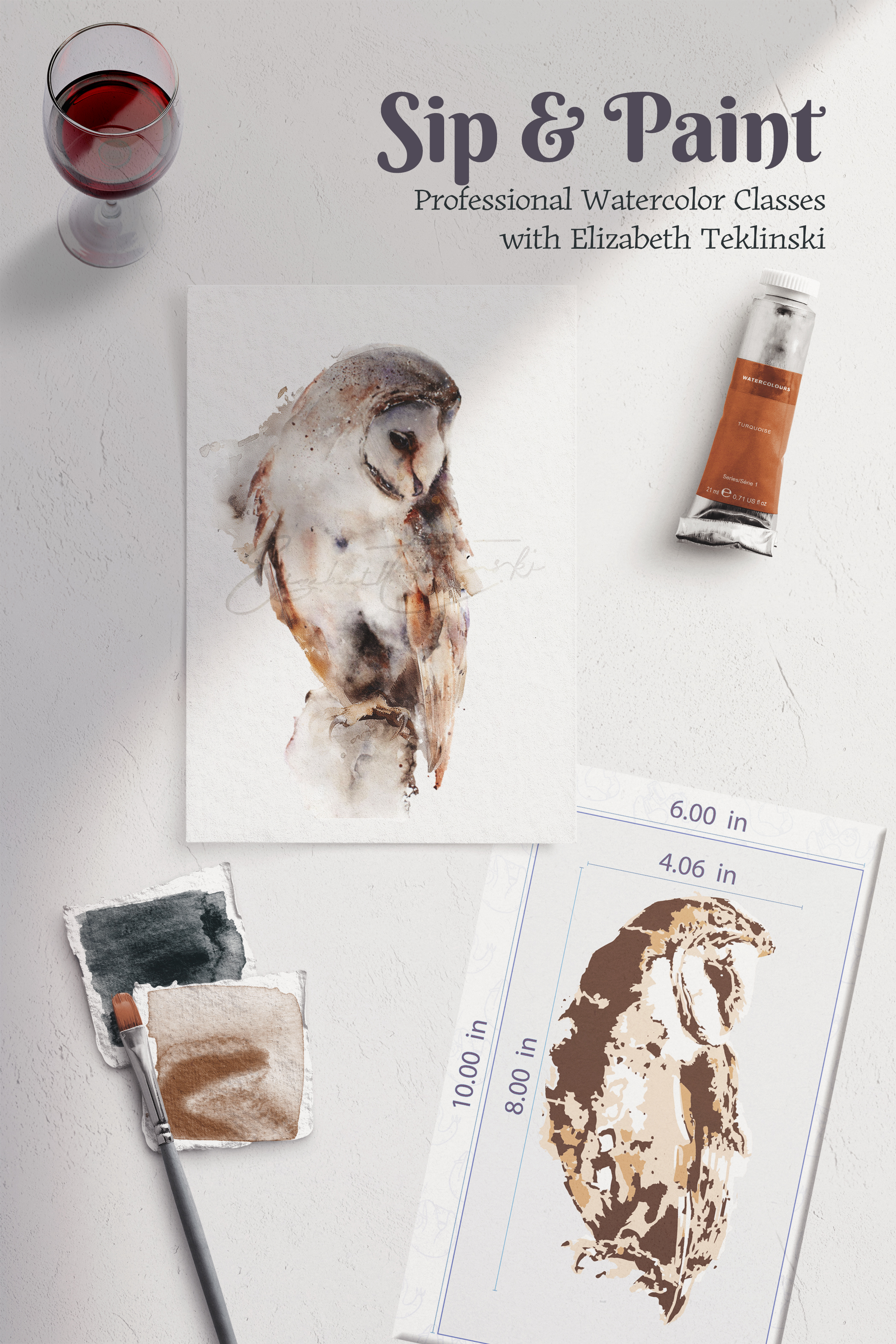 Elizabeth’s Paint and Sip example with an owl watercolor, paint, and reference outline