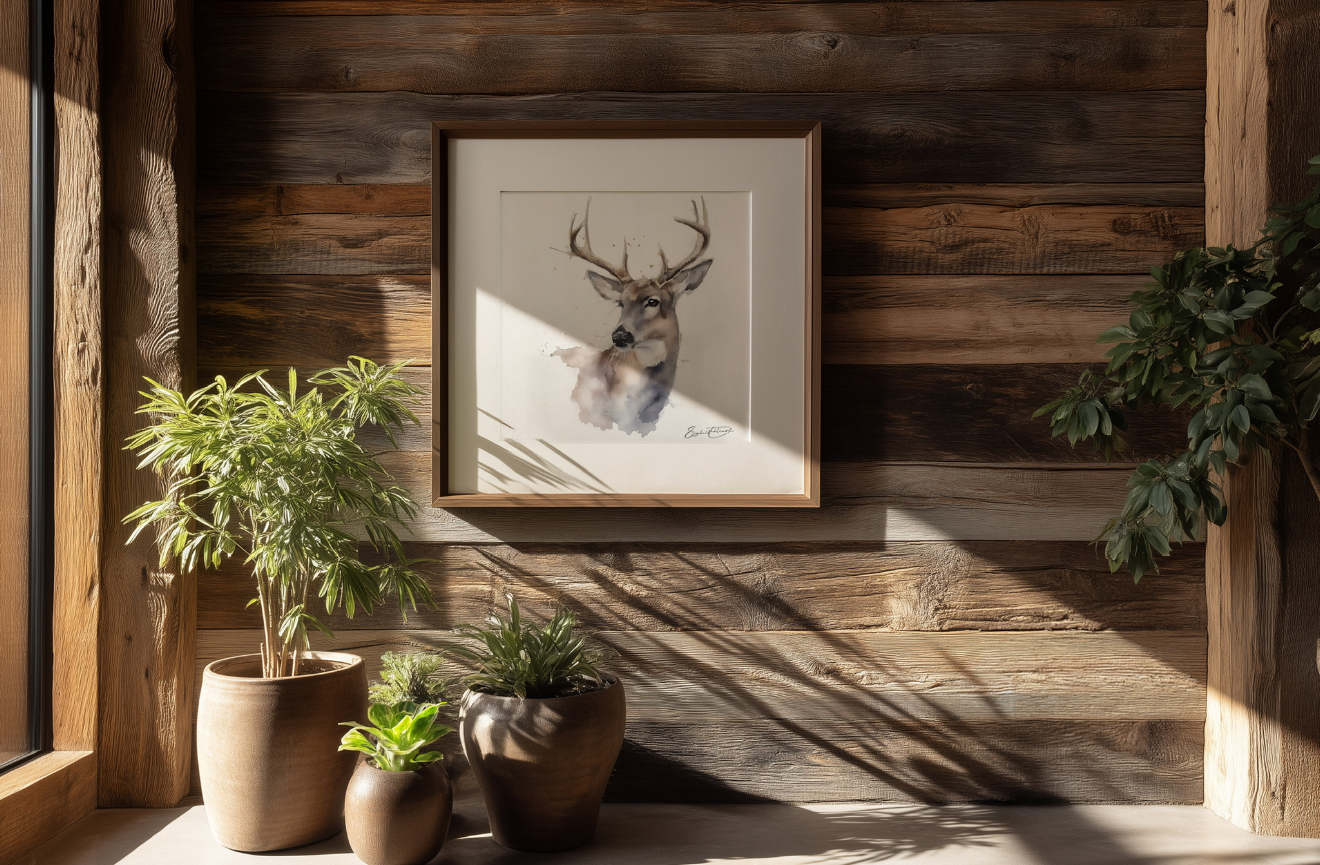 Illustrative room mockup of Deer study, watercolor by Elizabeth Teklinski