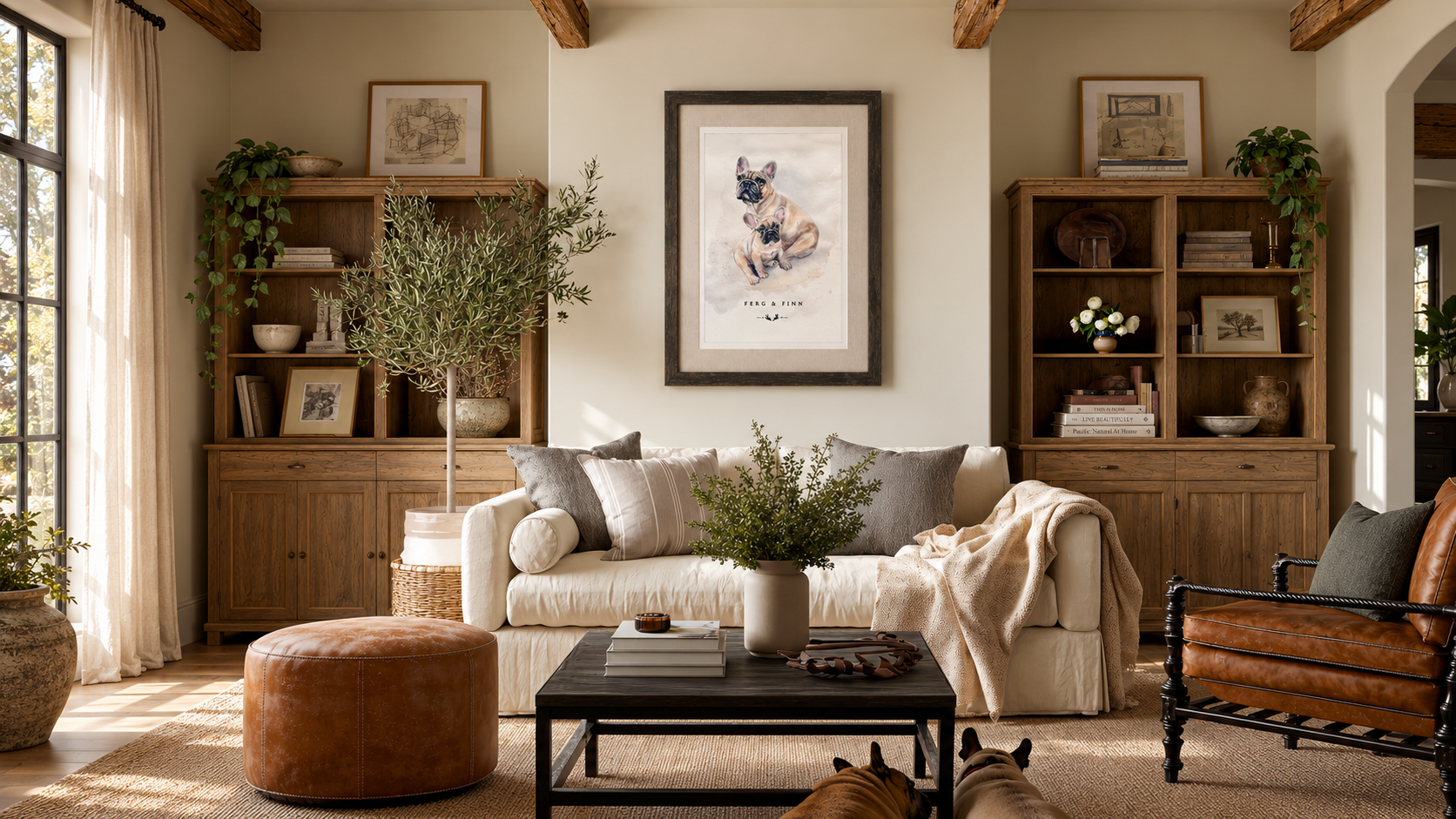 Room mockup: Ferg and Finn’s full-sheet watercolor above a cream sofa, with two French Bulldogs partly visible in the foreground