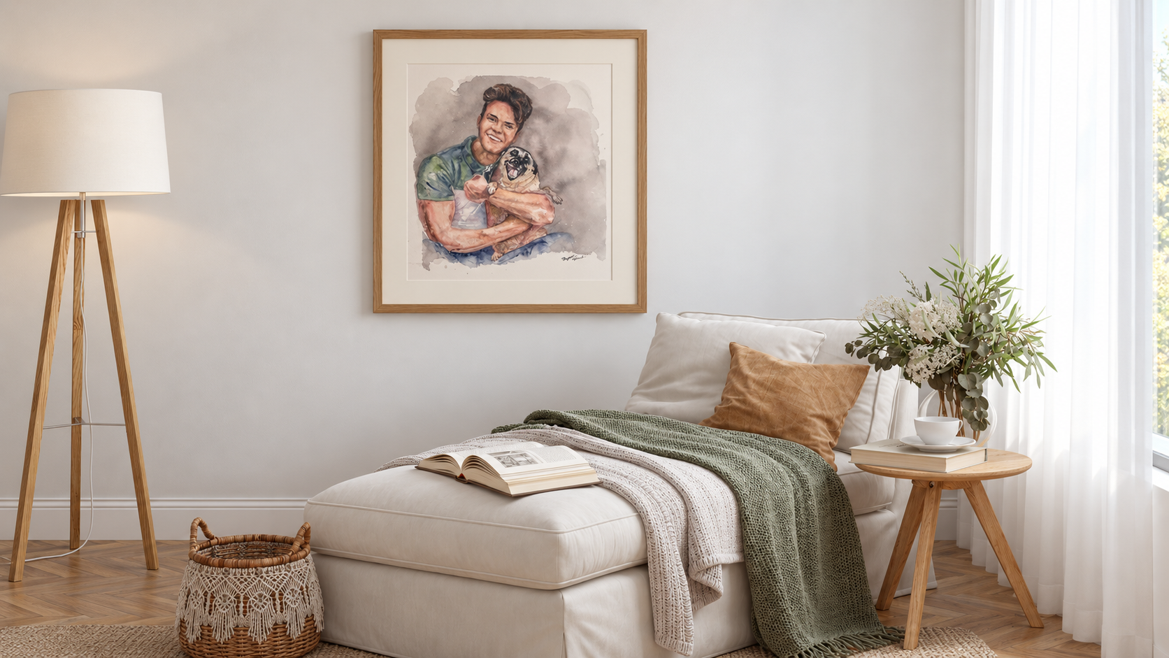 Illustrative room mockup of Man and pug, watercolor by Elizabeth Teklinski