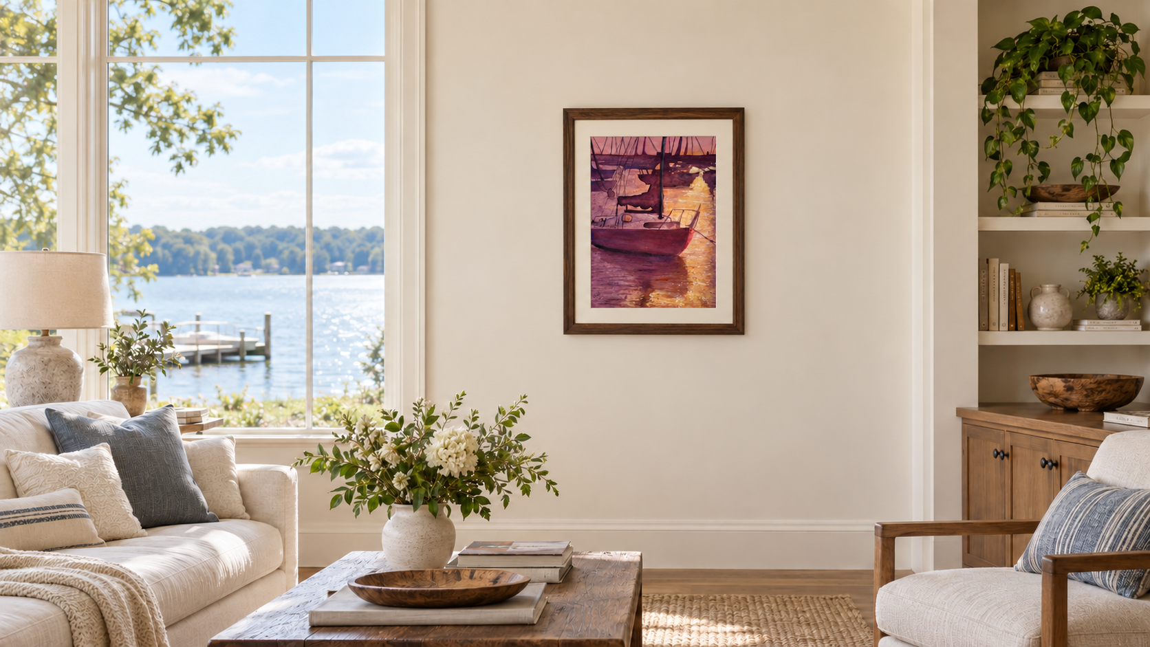 Illustrative room mockup of Sailboats, watercolor by Elizabeth Teklinski