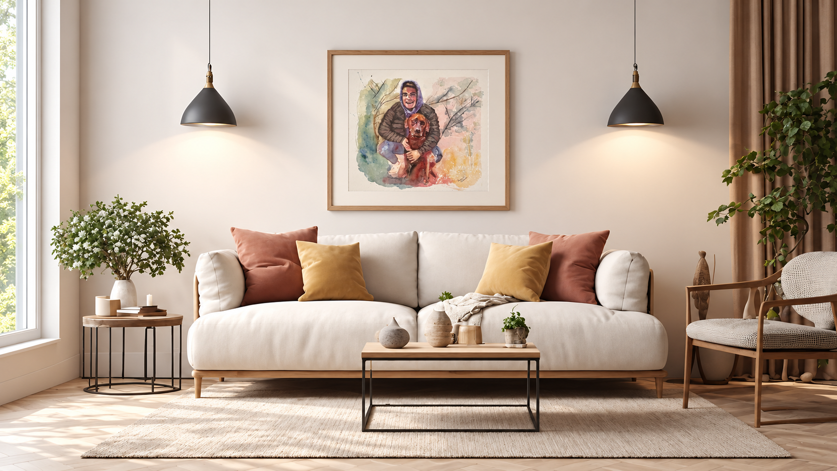 Illustrative room mockup of Winter portrait, watercolor by Elizabeth Teklinski