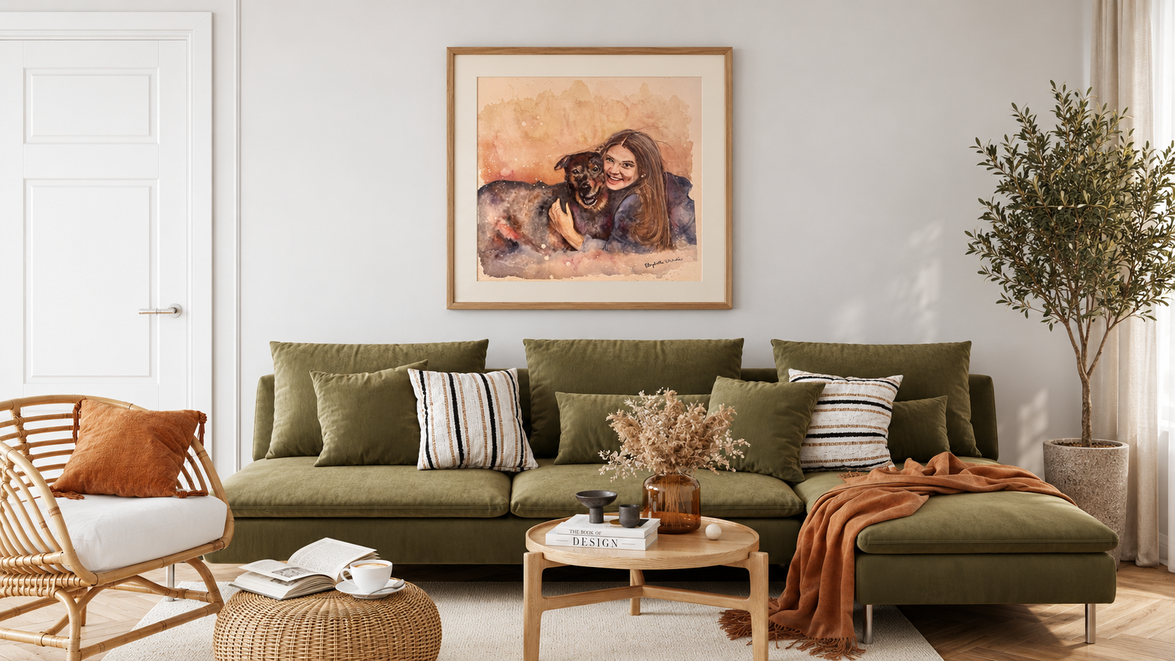 Illustrative room mockup of Woman and dog, watercolor by Elizabeth Teklinski
